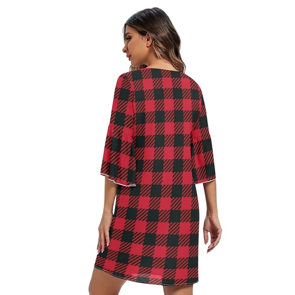 Black Red Buffalo Check Plaid V-Neck Bell Sleeve Sweet & Cute Shift Mini Dress - Picture 3 of 6
